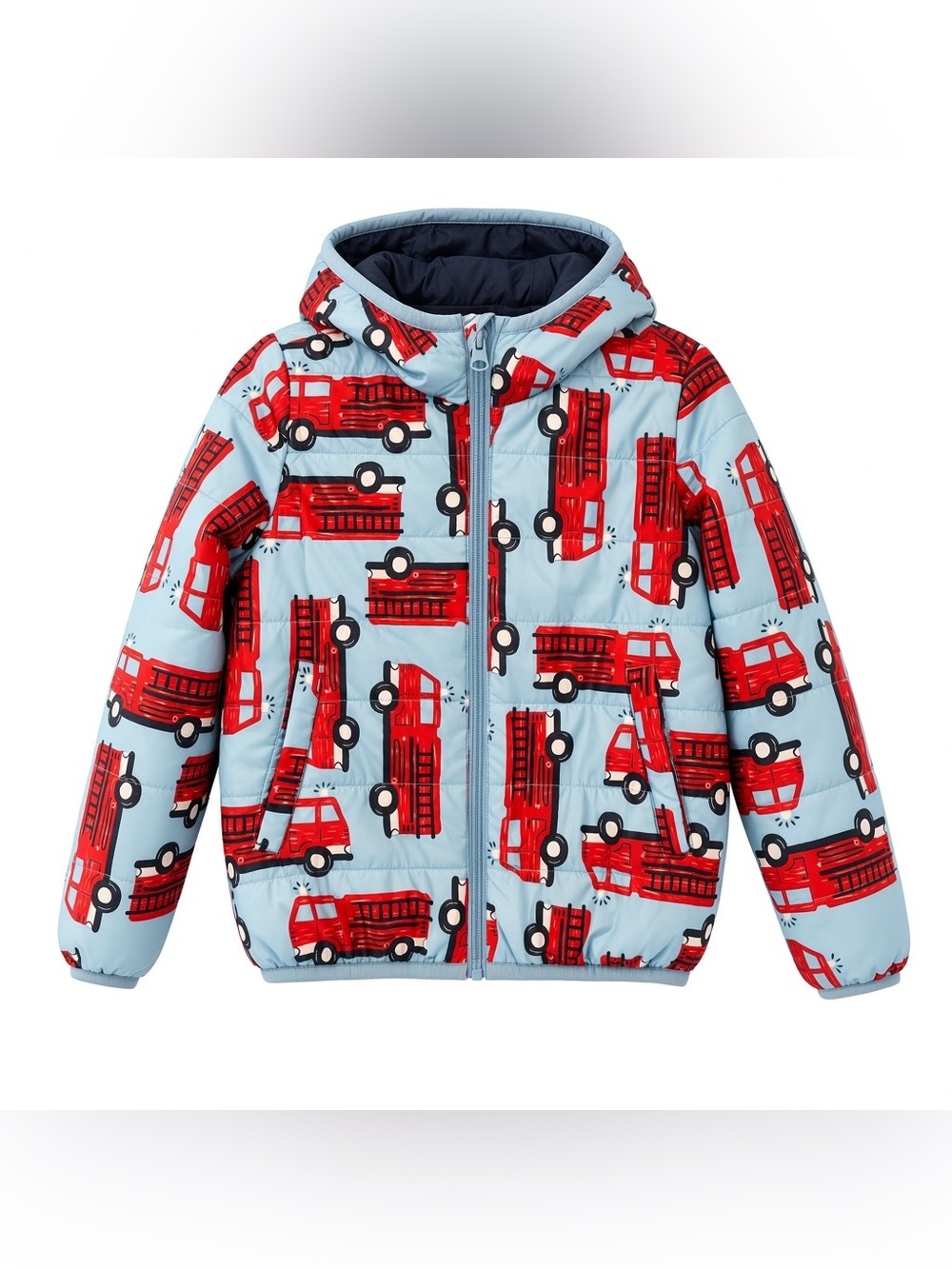 Joe Fresh Kids Puffer Jacket with Red Fire Truck Print - Light Blue